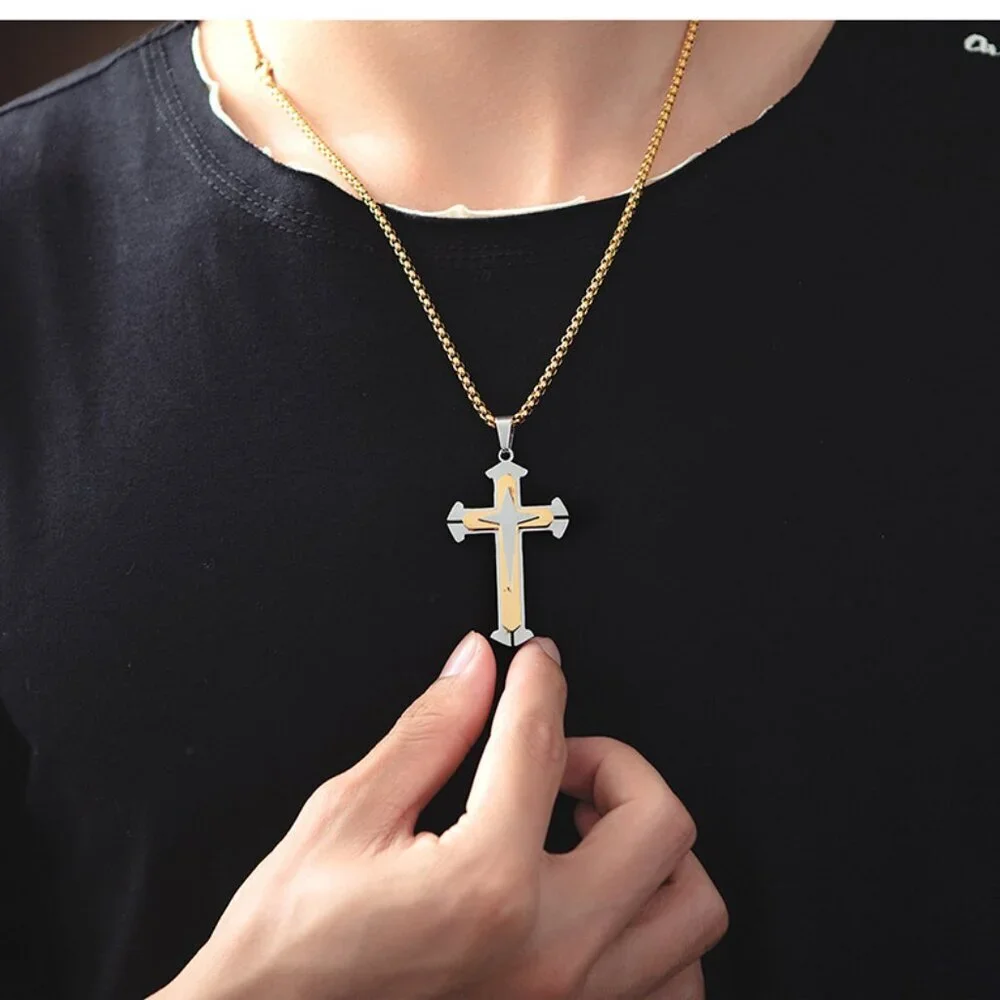 ❤️Gold and Silver HipHop Cross Necklace Religious, N90201P101